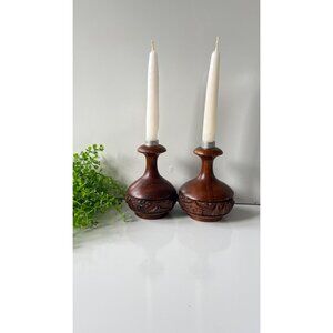 Vintage Mahogany Tiki-Style Candle Holders 5.5” Pair For Taper Candles